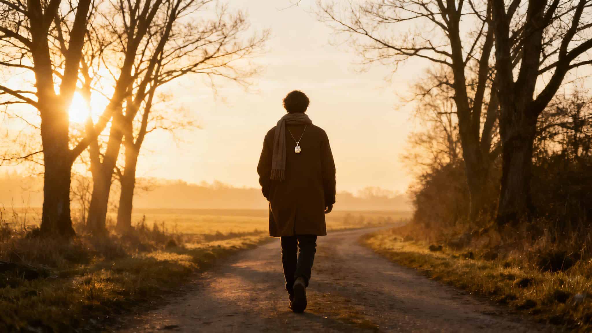 A lone person walks on a sun-drenched path through bare trees at dawn, back to viewer.