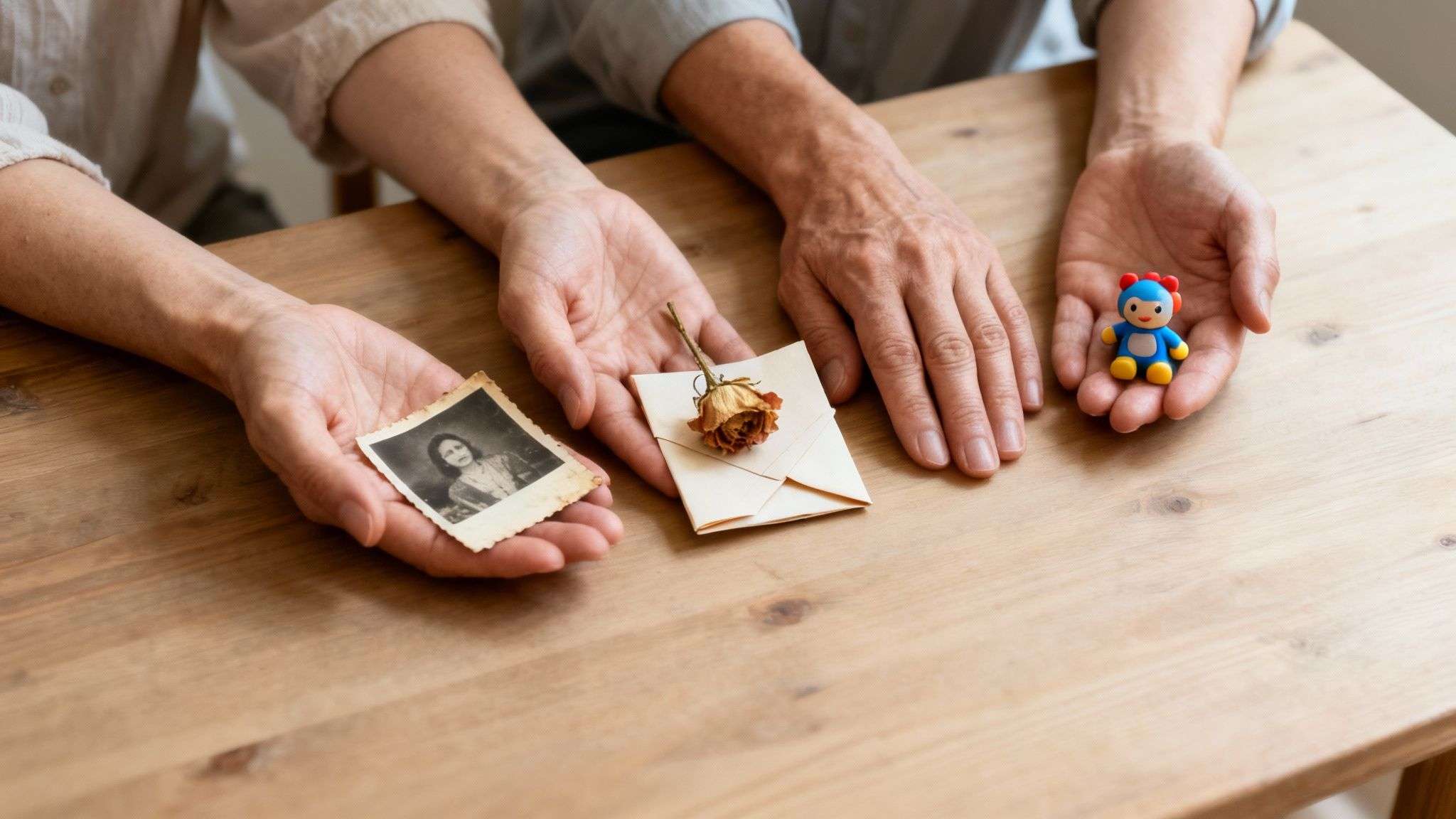 Hands of two people holding old photograph, dried rose with envelope, and a child's toy.