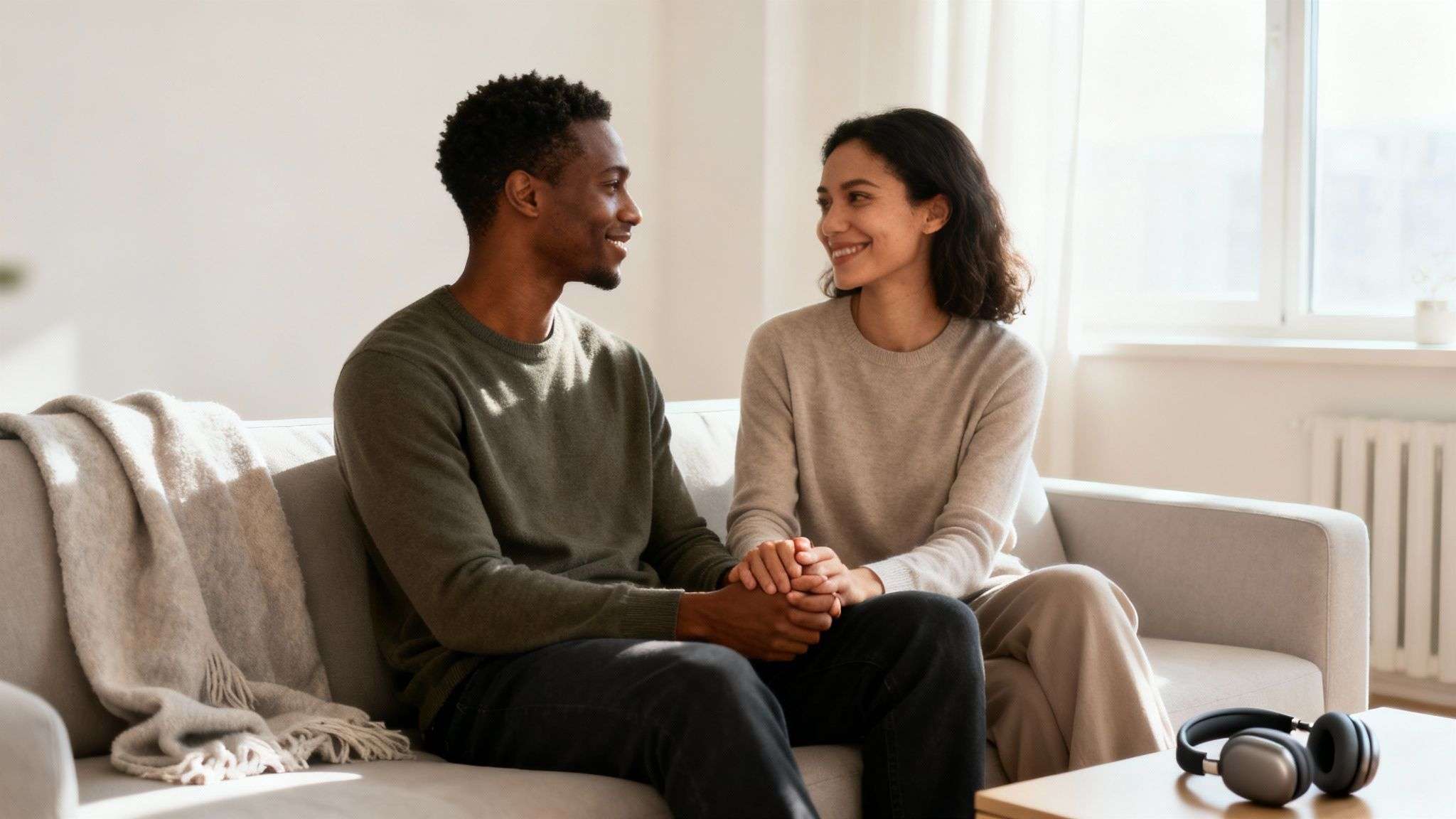 Happy diverse couple holding hands and looking at each other on a couch in a bright living room.