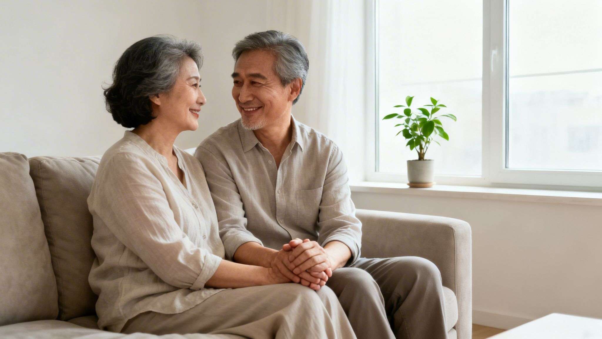 Happy elderly Asian couple sitting on a sofa, smiling and holding hands in a bright home.