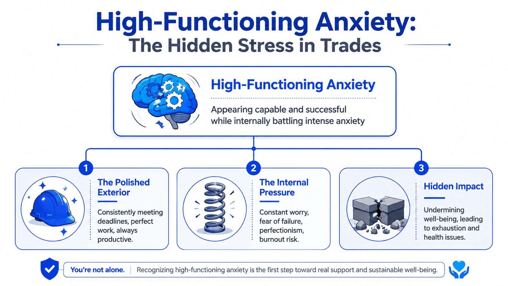 An infographic detailing high-functioning anxiety in trades, explaining the polished exterior, internal pressure, and hidden health impacts.