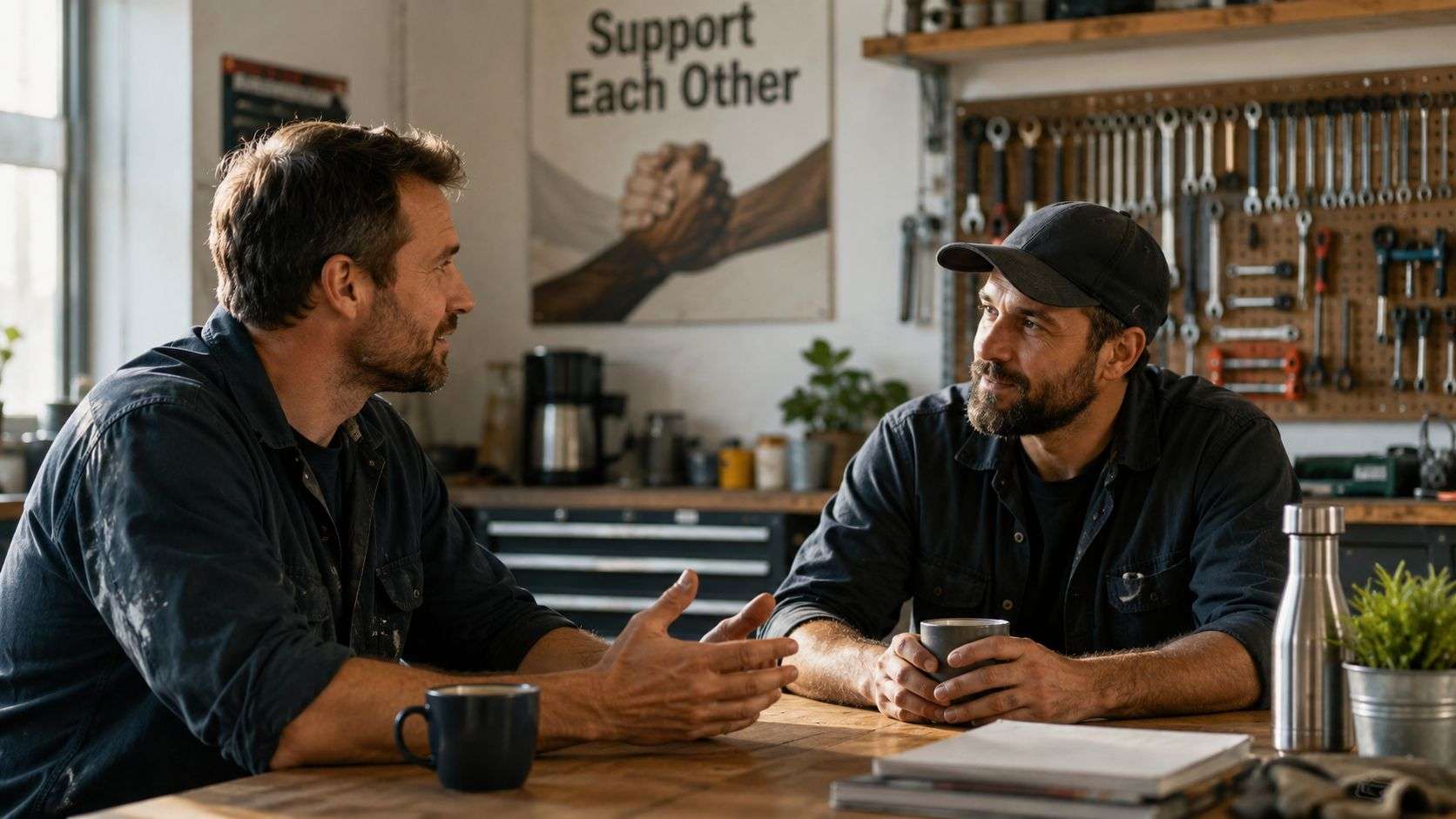 Two bearded men in work shirts talk at a table in a workshop with tools on display.