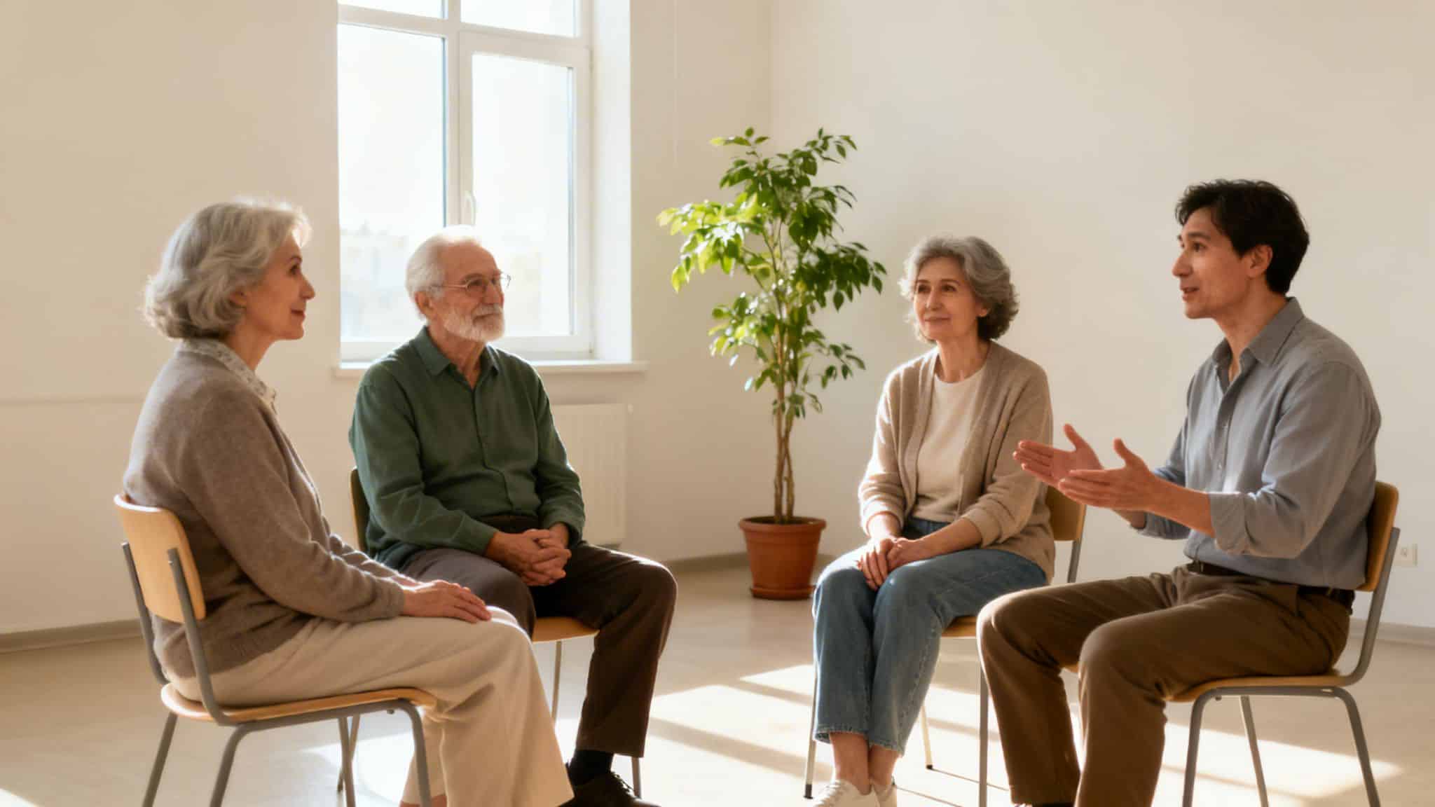 Diverse group of seniors and a man having an engaging community discussion.