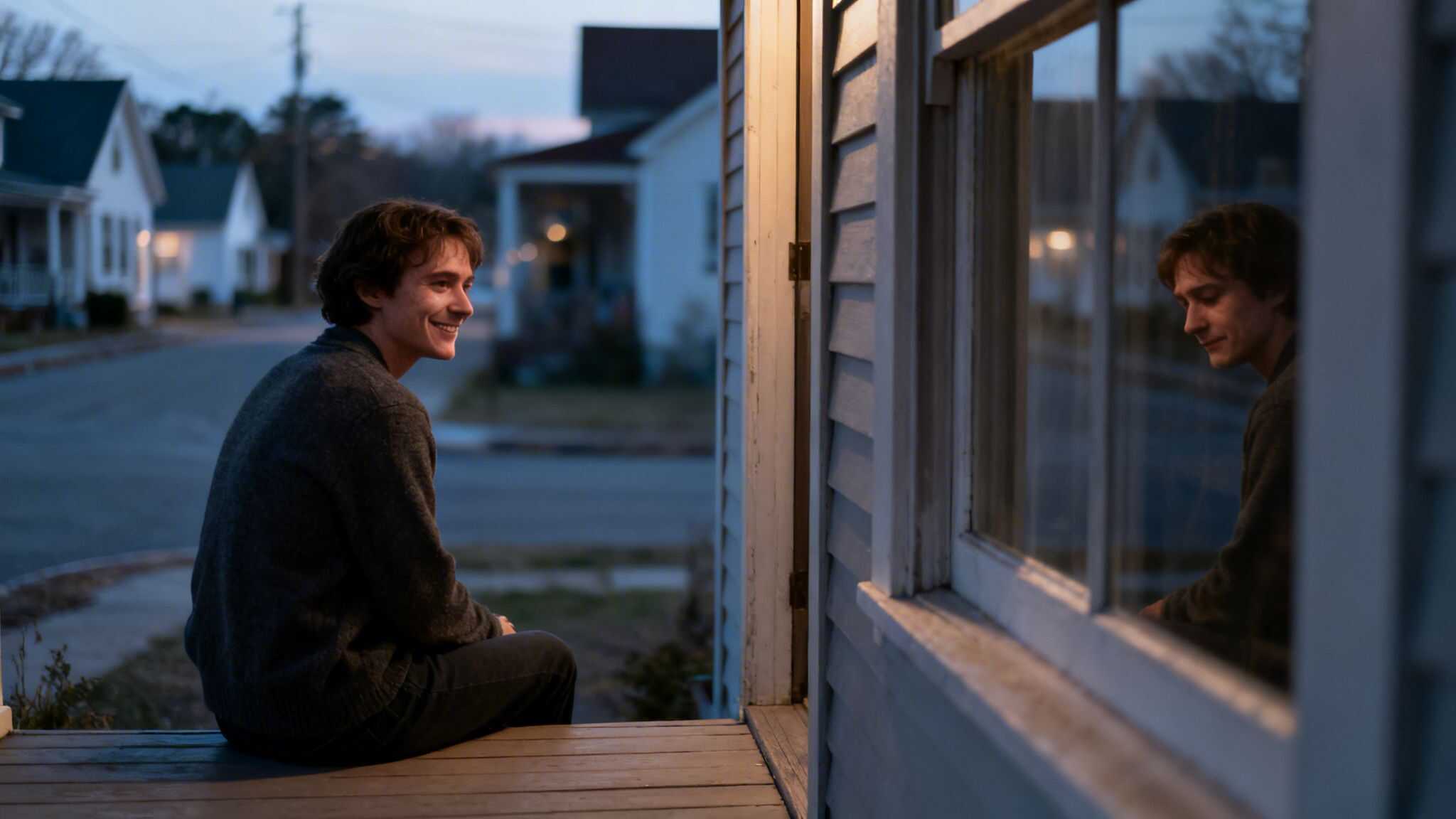 A smiling young man sits on a porch at dusk, reflected in a window beside him.