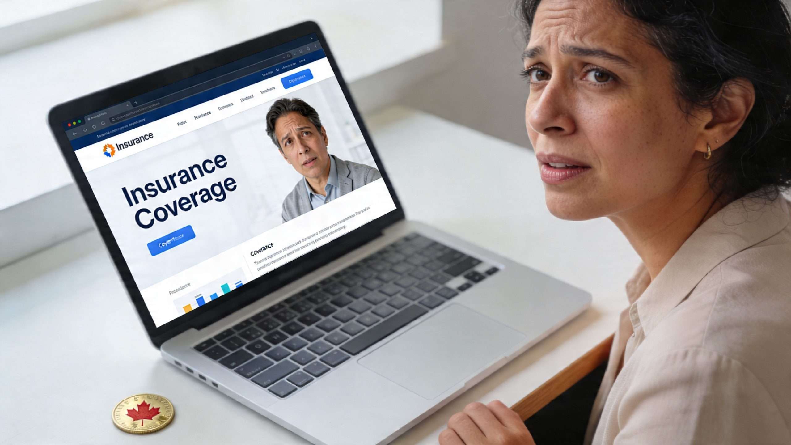 A concerned woman looking at a laptop screen displaying insurance coverage options with a Canadian coin nearby.
