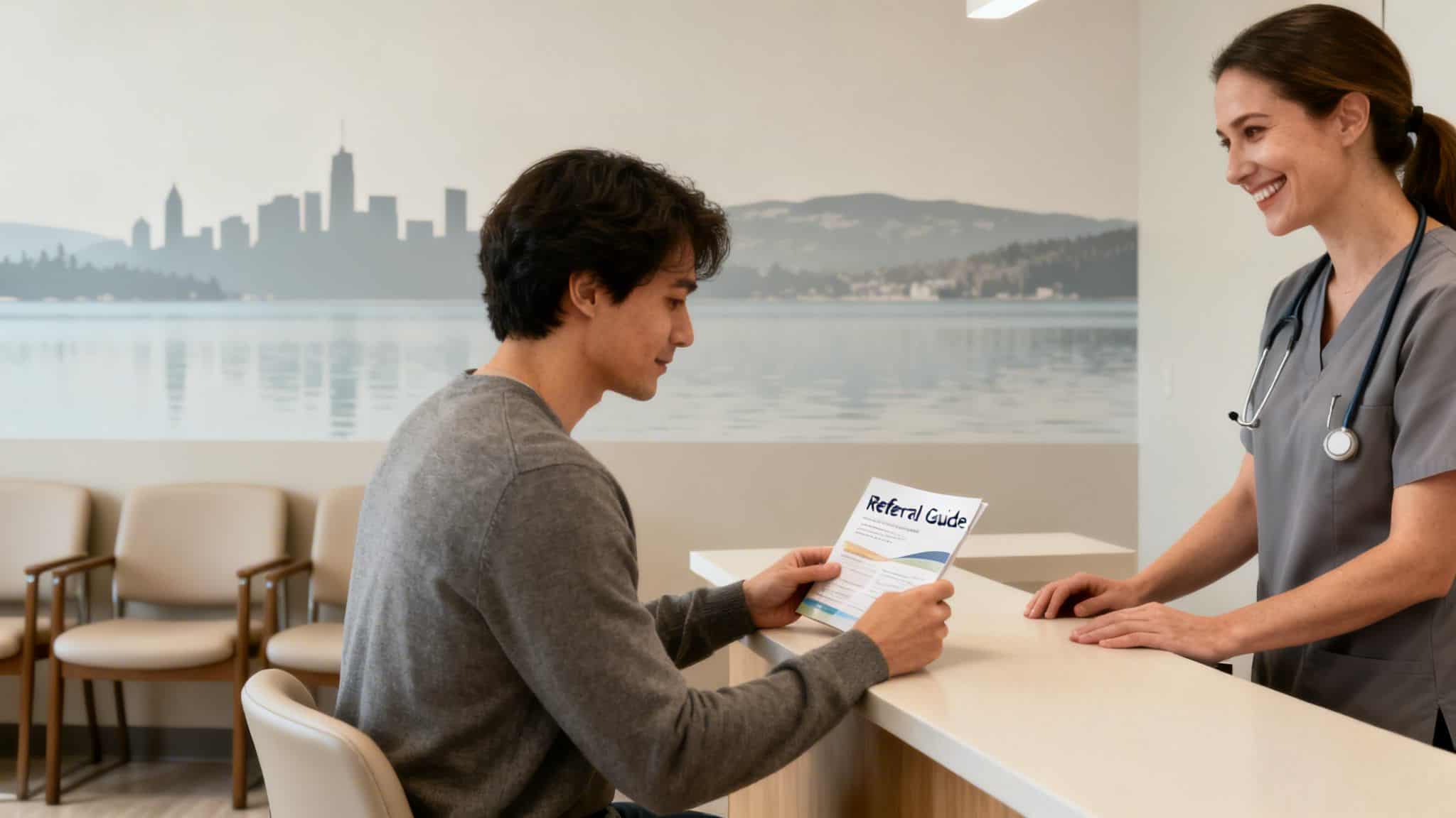 A smiling nurse assists a male patient reading a referral guide at a clinic reception.
