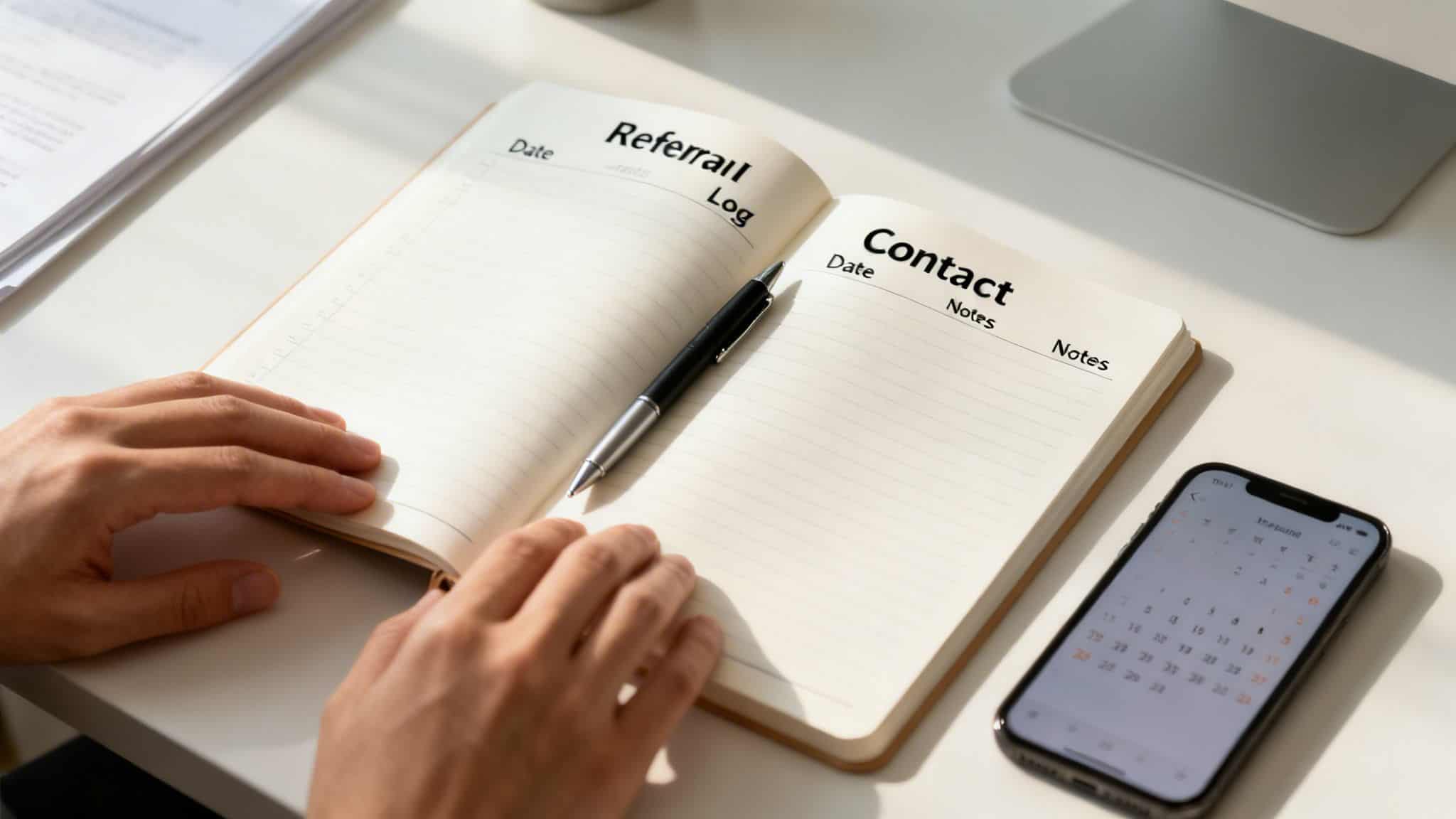 Hands on an open notebook showing 'Referral Log' and 'Contact' sections, with a pen and a smartphone calendar.