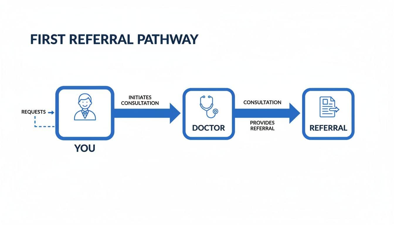 Flowchart illustrating the first referral pathway: You request, consult a doctor, and receive a referral.