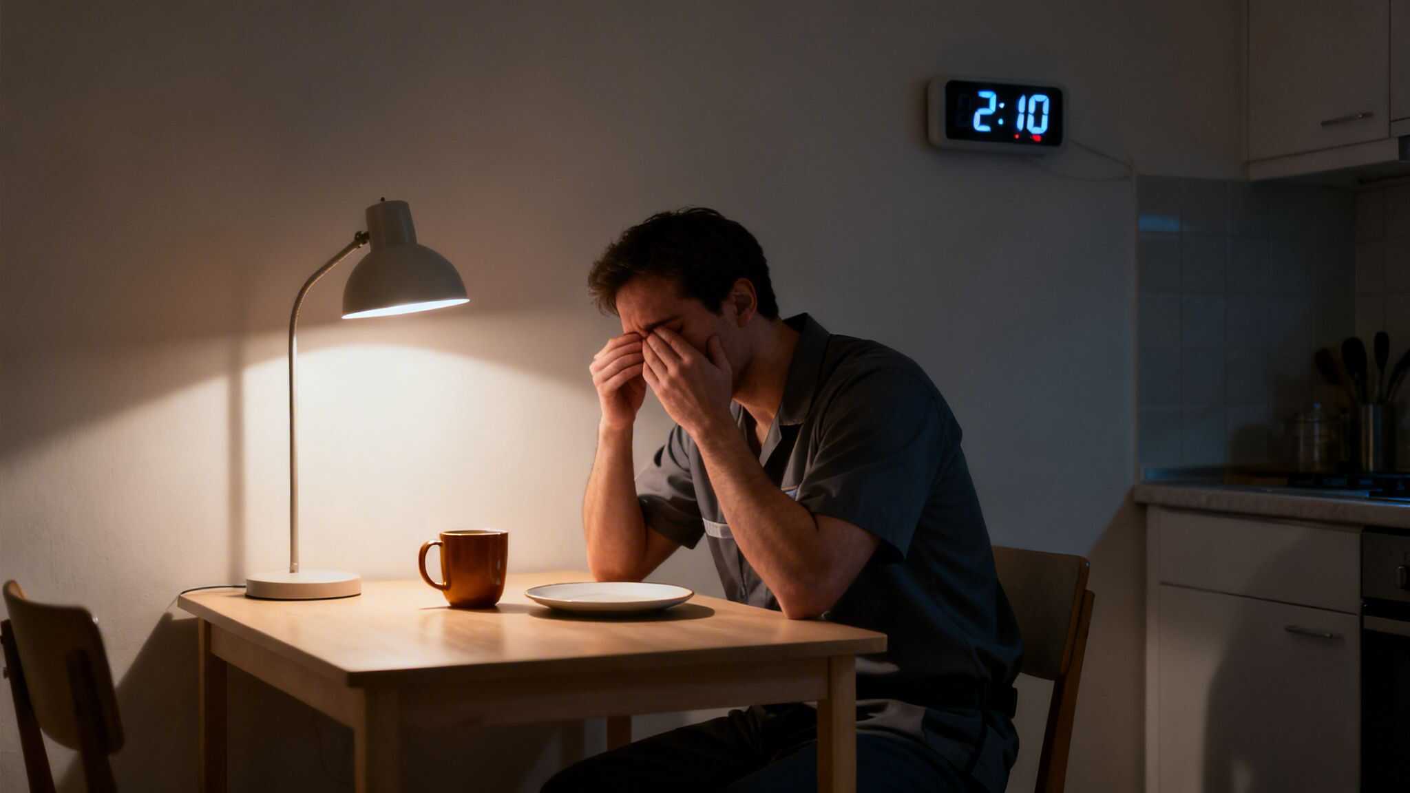 A man looking exhausted sits at a table in a dark room with a desk lamp and a clock displaying 2:10 AM.