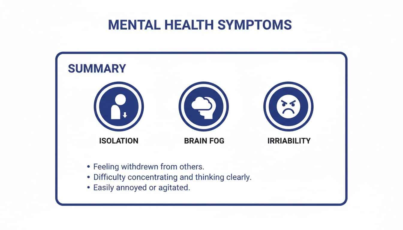 Infographic showing three mental health symptoms: isolation, brain fog, and irritability with descriptions.