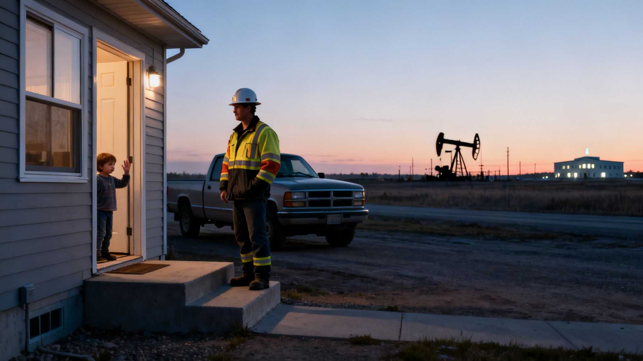 Oil worker leaves home at dusk, child waves from doorway, oil rig visible in the background.