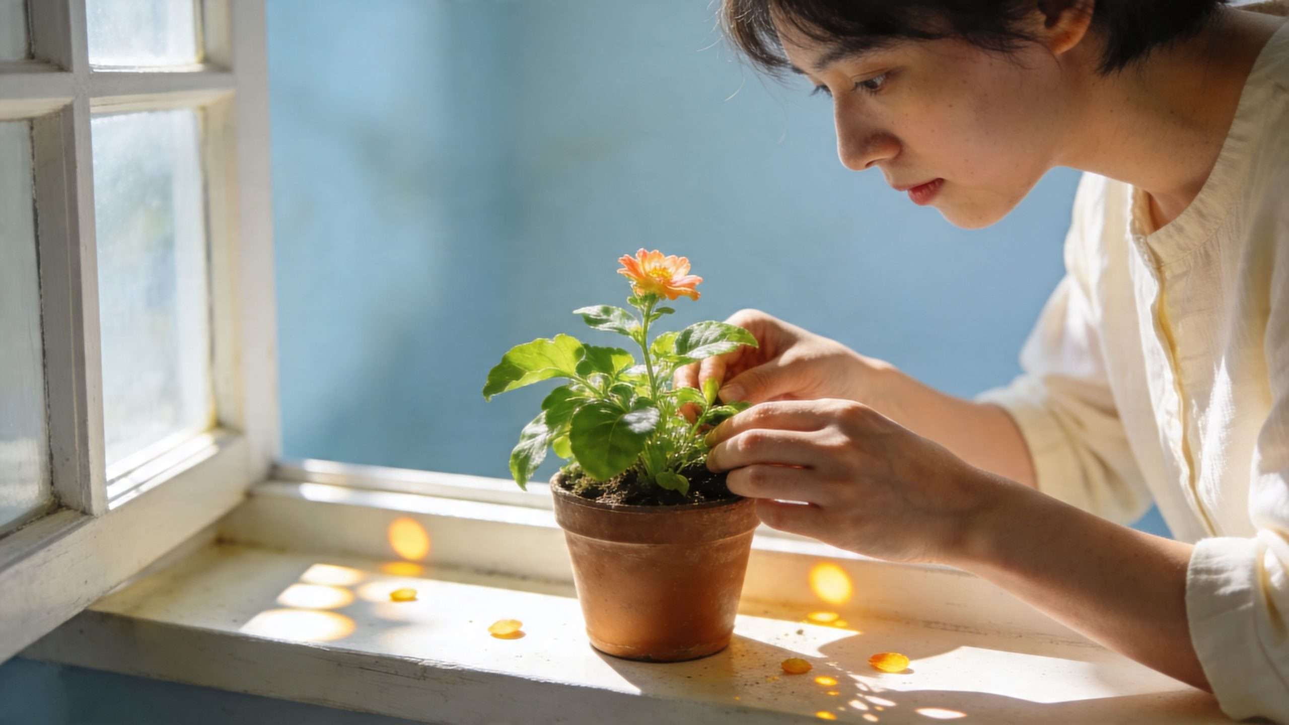 A woman gently caring for a small potted flower while standing by a sunny window indoors.
