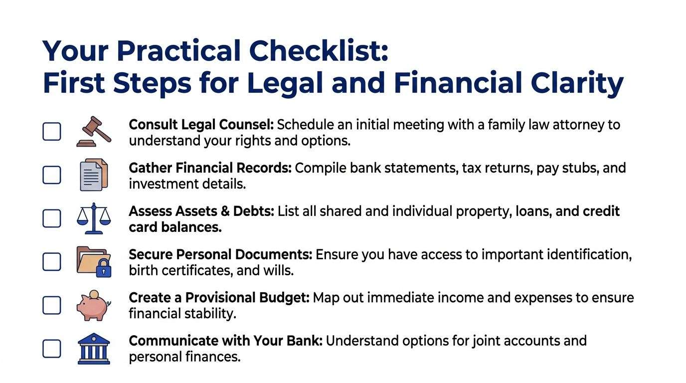 A practical checklist outlining the first steps for legal and financial clarity during a divorce process.