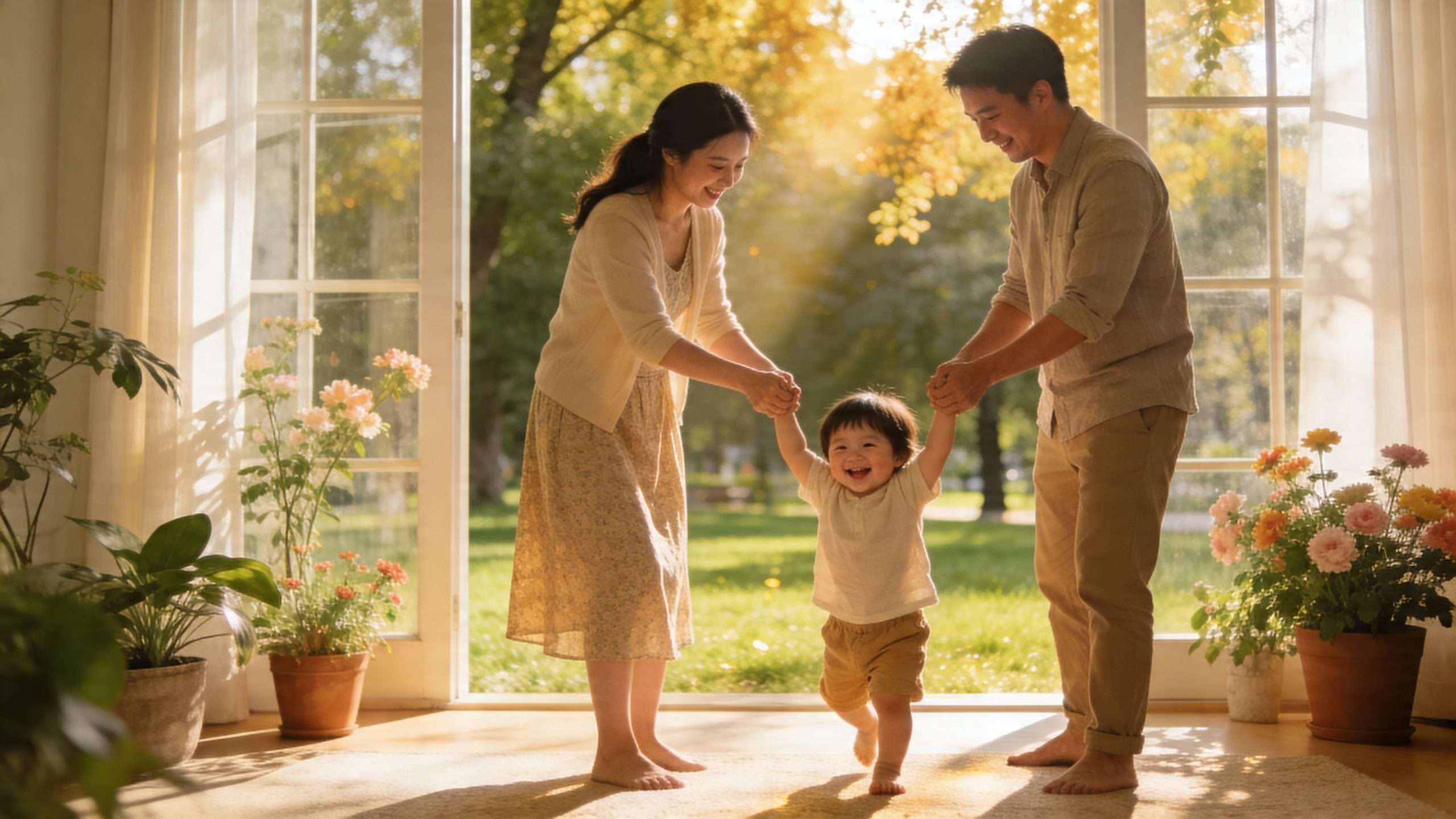 A happy young family with parents helping their toddler take their first steps at home.