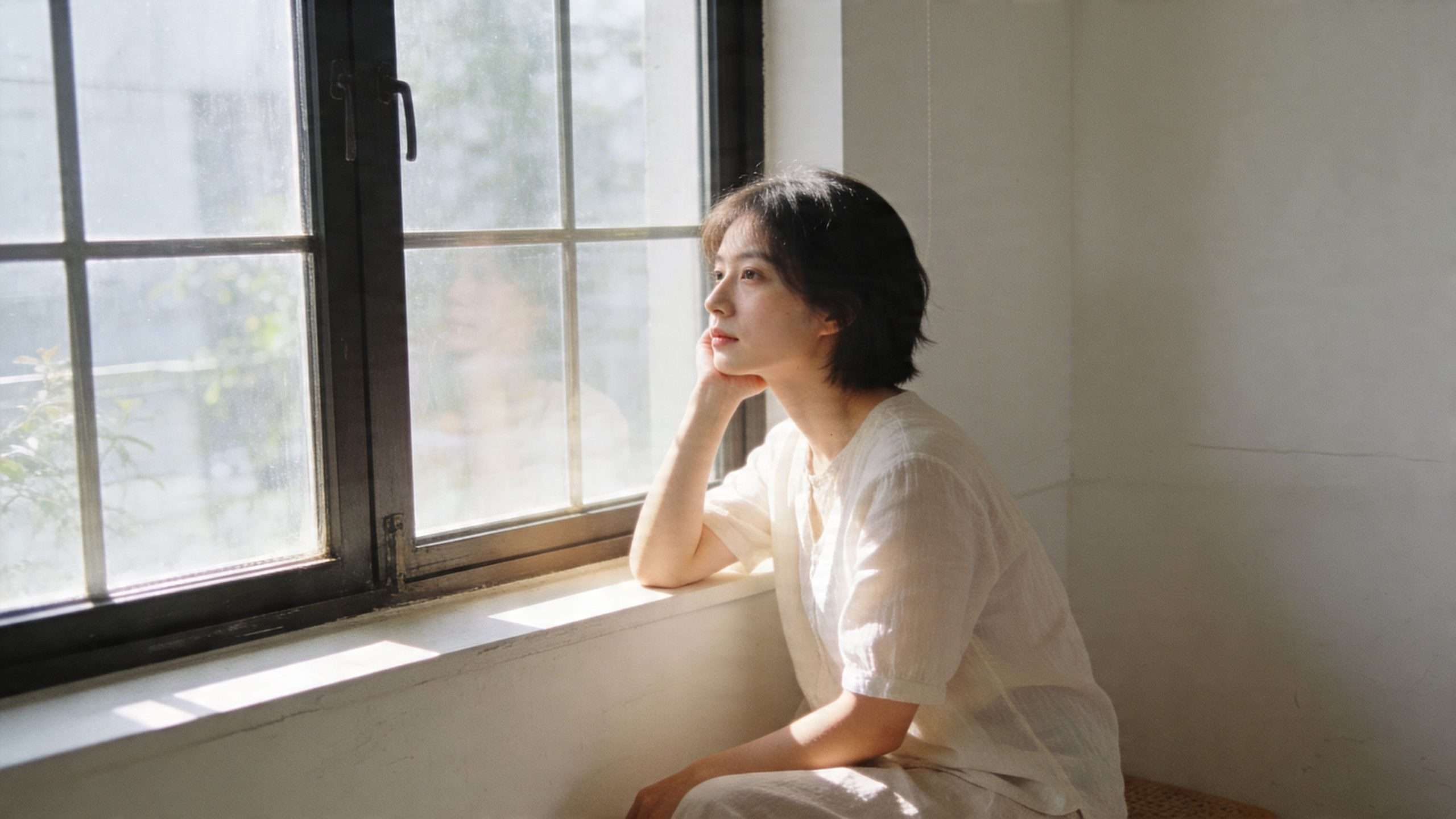 A young woman with short hair looks pensively out of a window while wearing a white shirt.