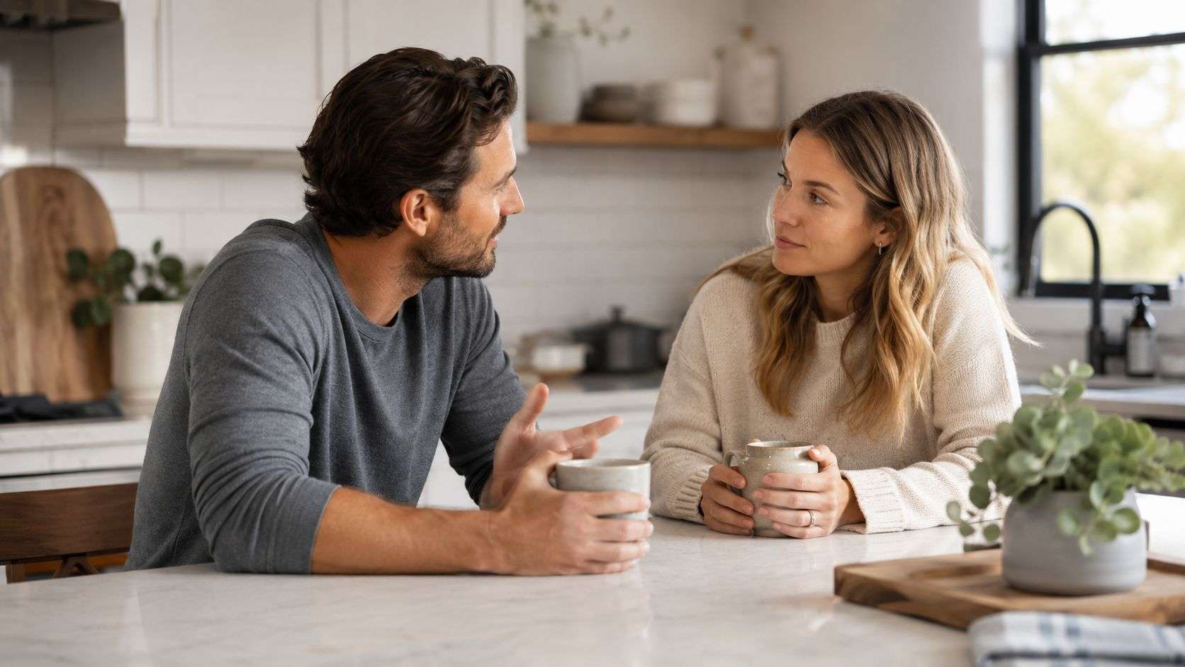 A couple having a serious conversation while drinking coffee together in a bright, modern kitchen setting.
