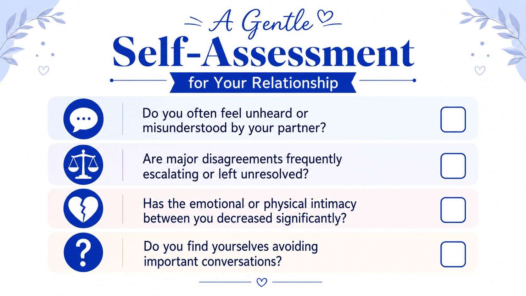 A gentle relationship self-assessment checklist with four questions to help reflect on your partnership's health.