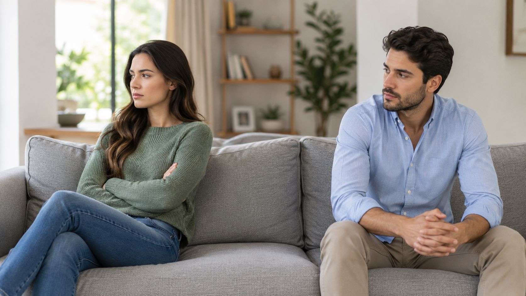 A couple sitting on a sofa looking away from each other, indicating a difficult relationship conflict.