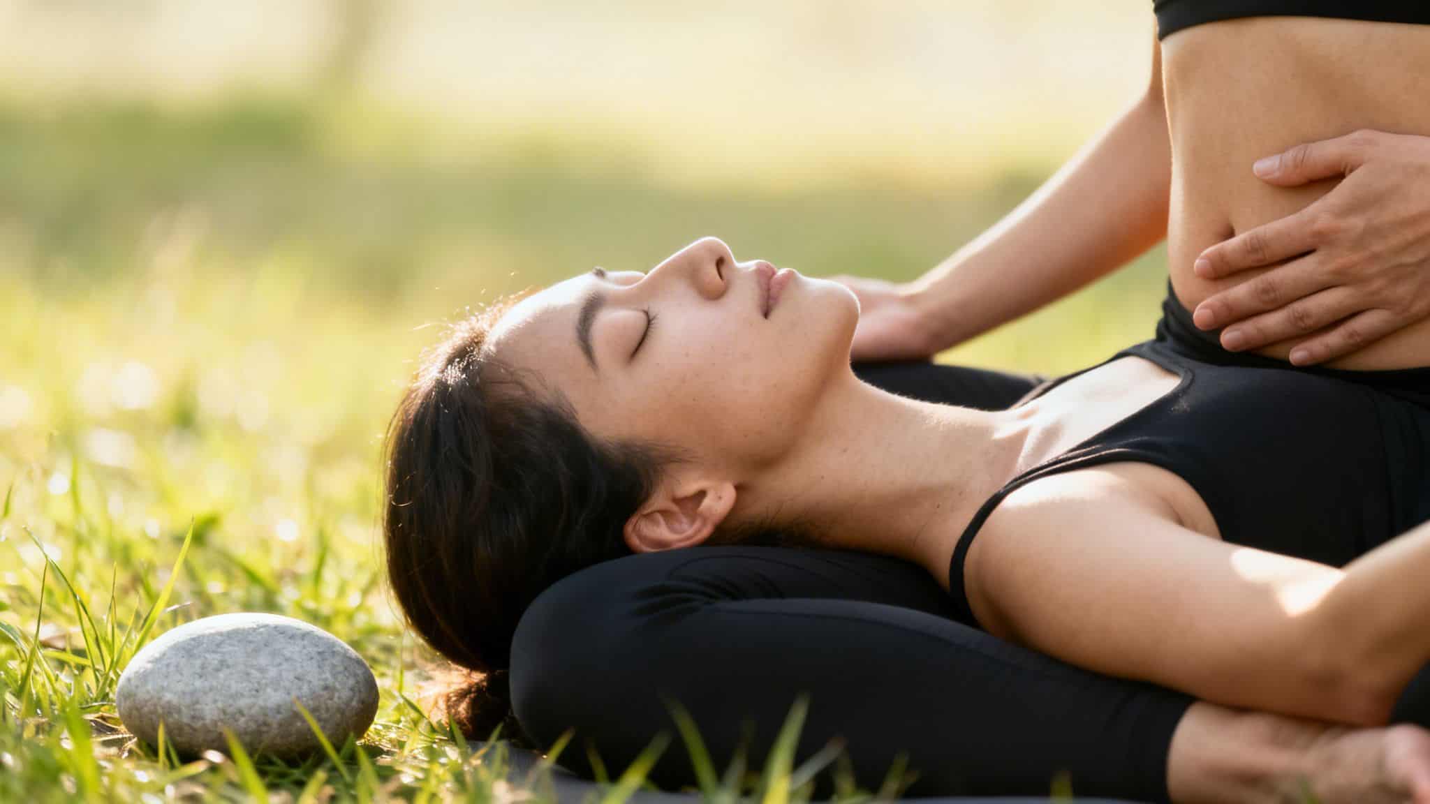 Relaxed person with closed eyes receiving a gentle abdominal massage outdoors.