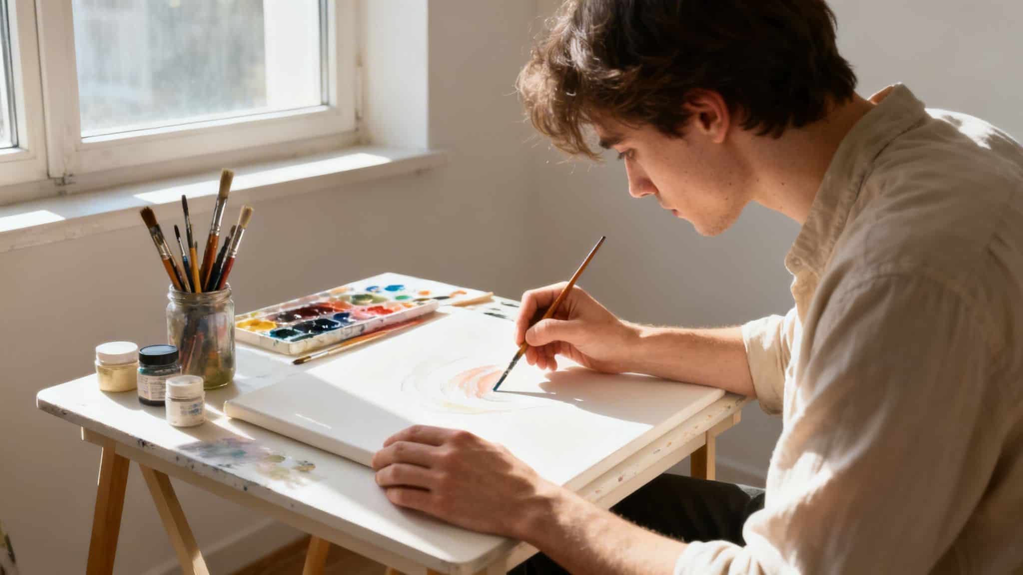 A young man painting with watercolors at a sunlit desk, surrounded by art supplies.