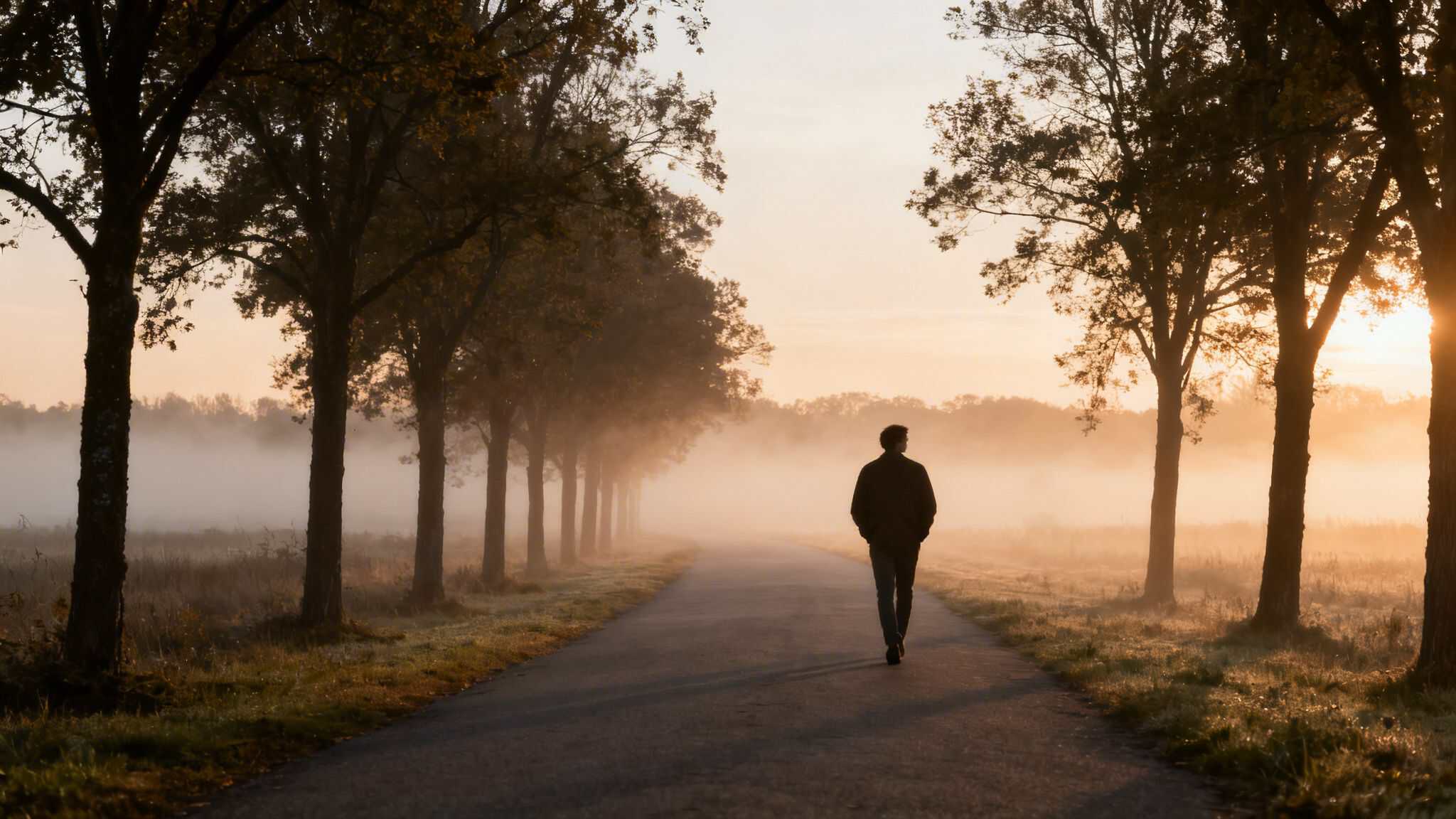Lone figure walks down a misty, tree-lined road at dawn, bathed in soft golden light.