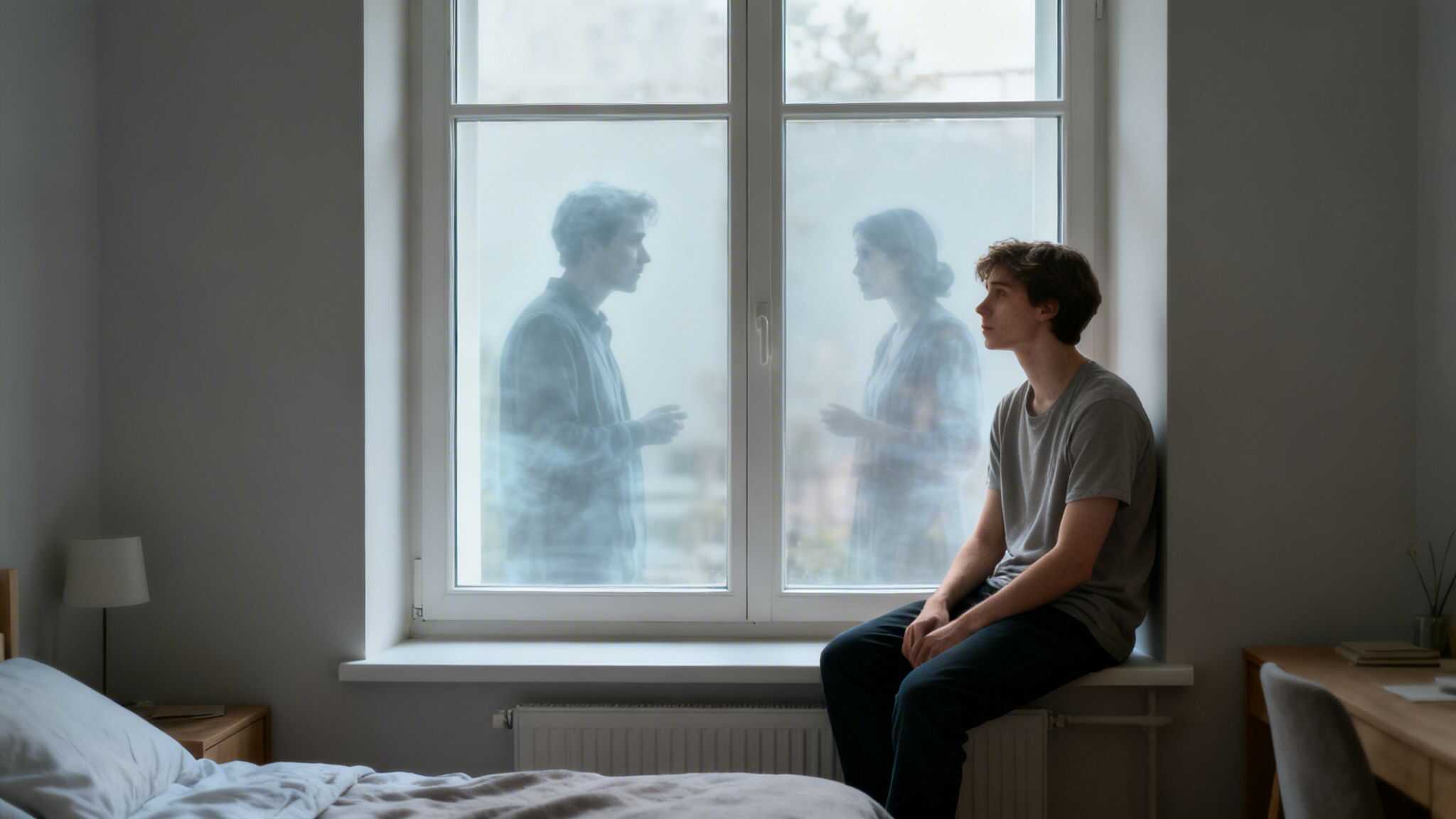A young man sits on a window sill, looking at blurred figures of a couple in the frosted window.