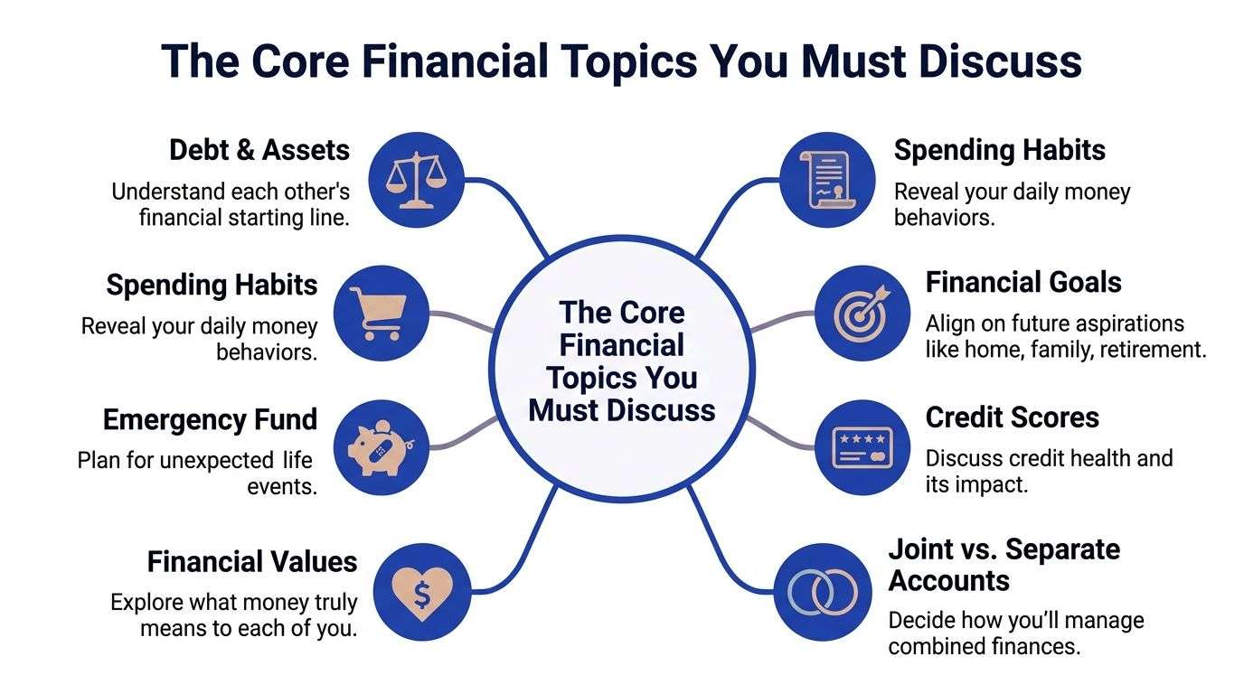 A mind map infographic illustrating the eight essential financial topics couples should discuss before getting married.