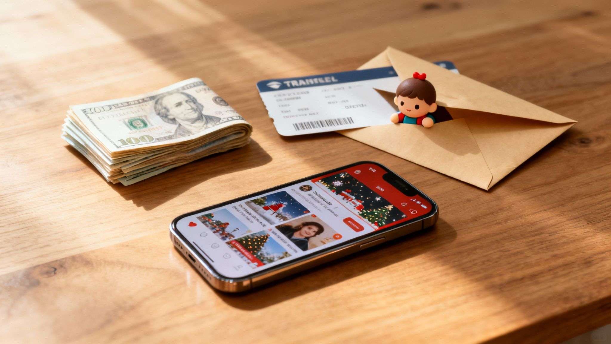 Hundred-dollar bills, a phone with festive posts, travel ticket, and doll on a wooden table.