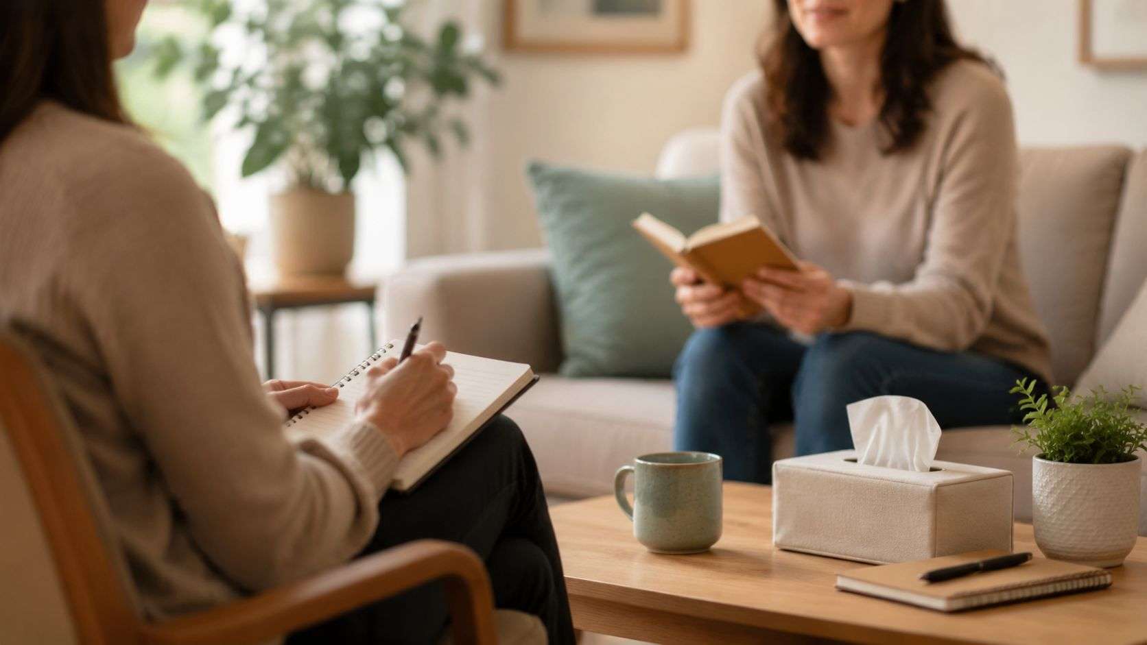 A professional therapist takes notes while talking with a patient during a counseling session in a office.