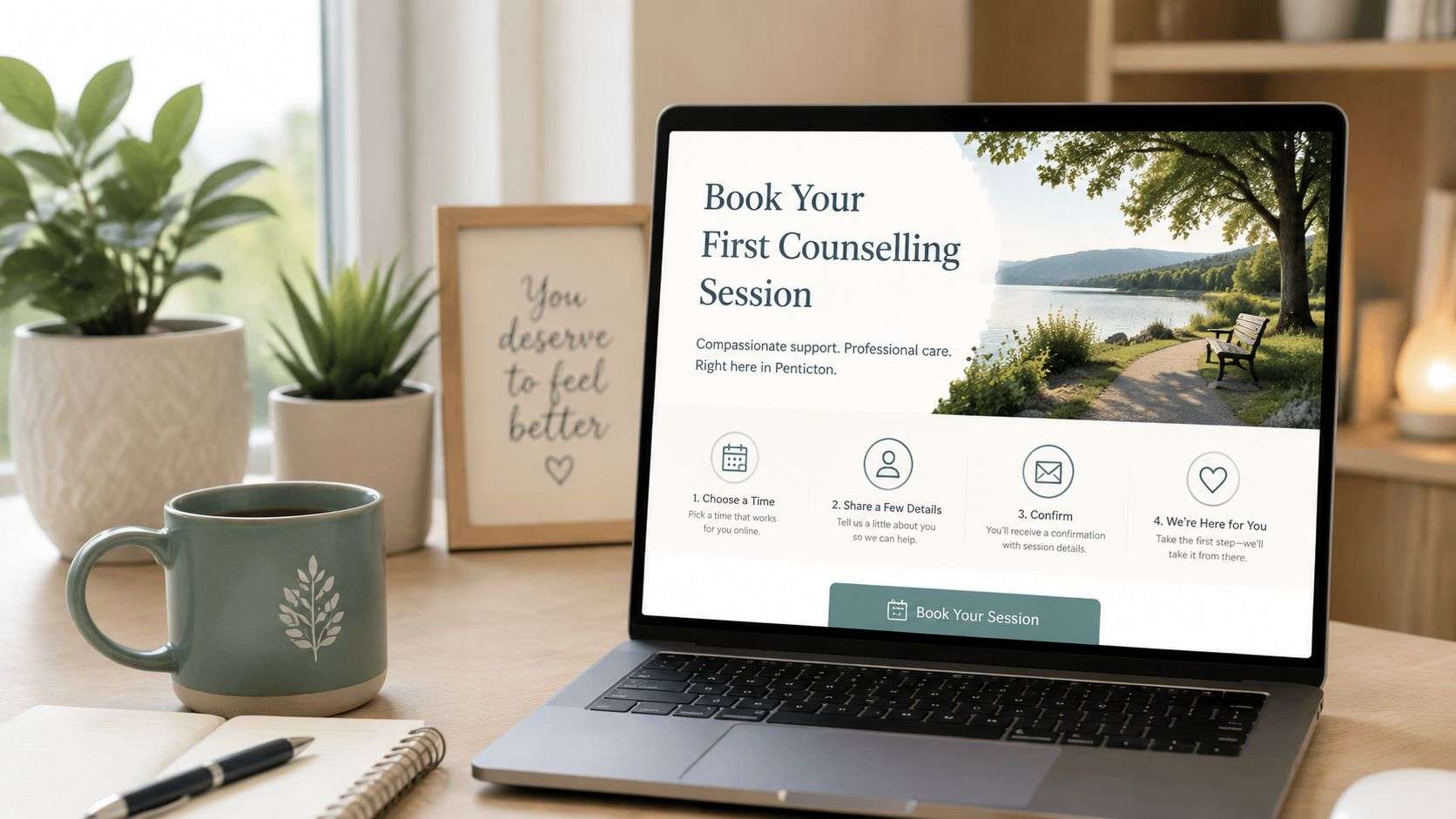 A laptop on a desk displaying a website for booking a counselling session in Penticton.