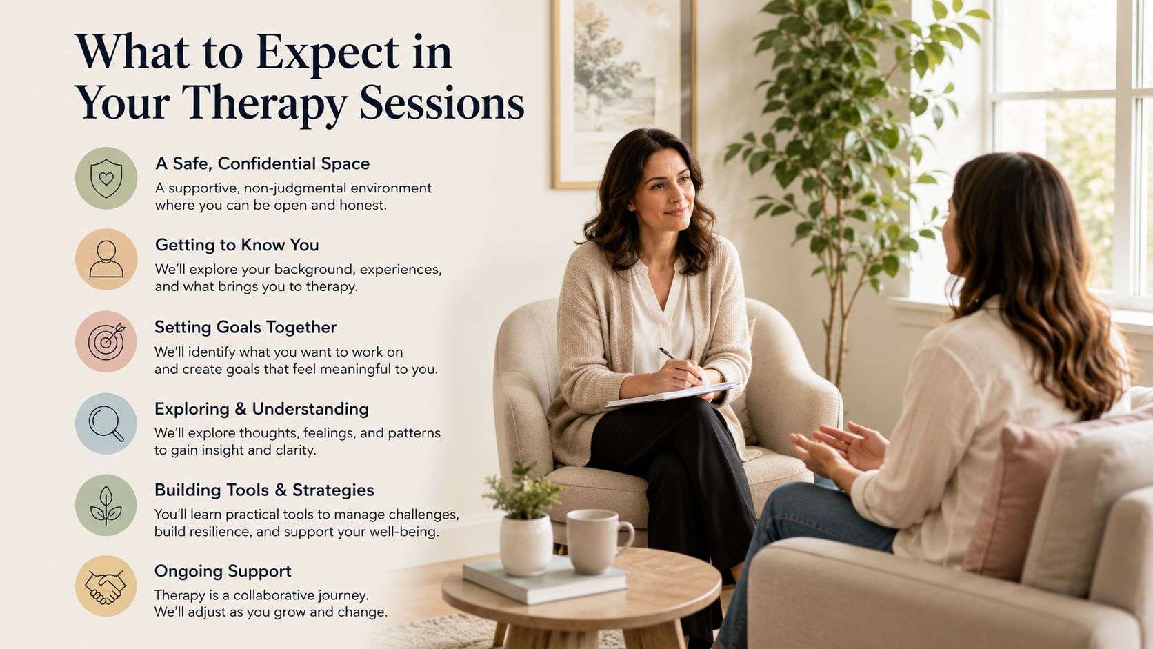 A female therapist listens attentively to a patient during a supportive and confidential counselling session in office.