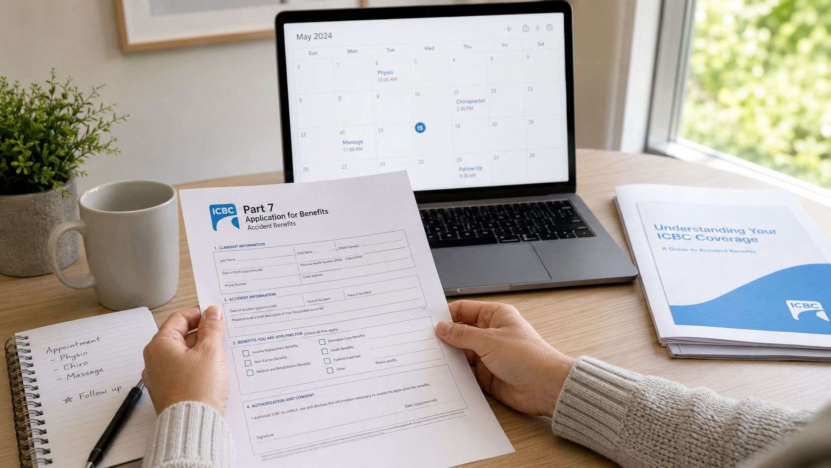 A person holding an ICBC accident benefits application form near a laptop and appointment notes.
