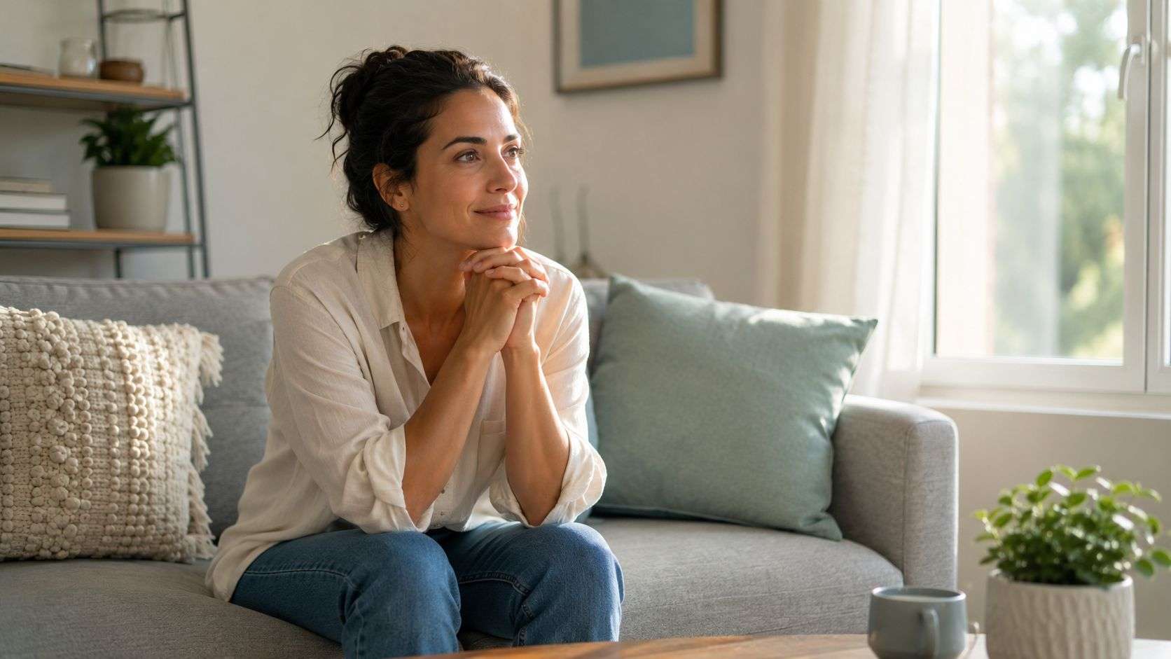 A calm woman sitting on a comfortable sofa in a bright living room, reflecting peacefully.
