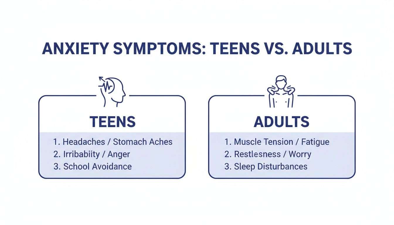 Infographic comparing common anxiety symptoms between teens, including physical pains and school avoidance, and adults, showing muscle tension and sleep disturbances.