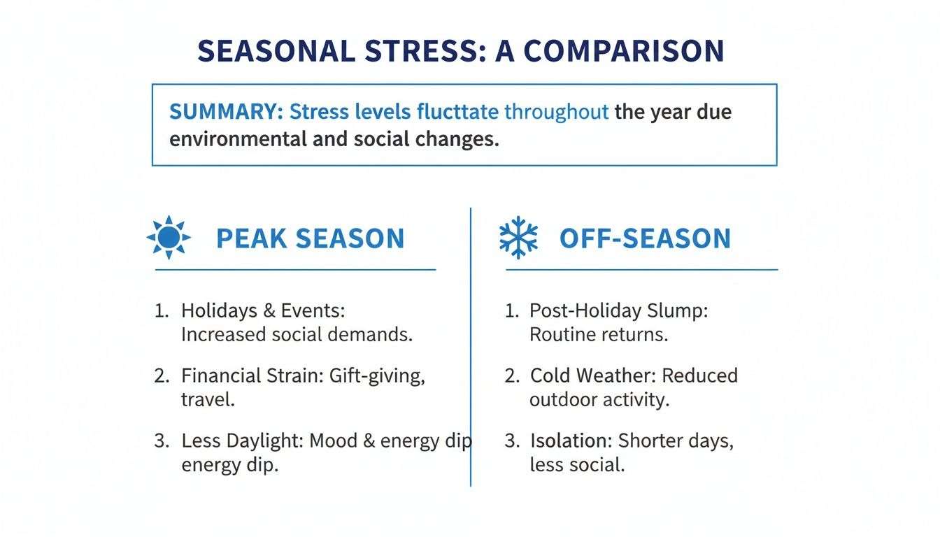 Infographic comparing seasonal stress factors, detailing causes for peak and off-season periods.