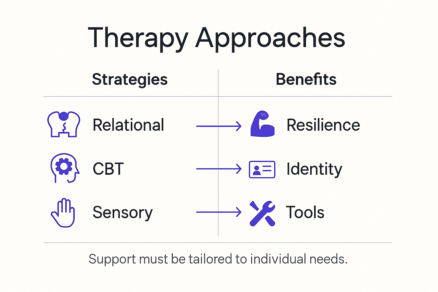 Infographic comparing therapy strategies and benefits