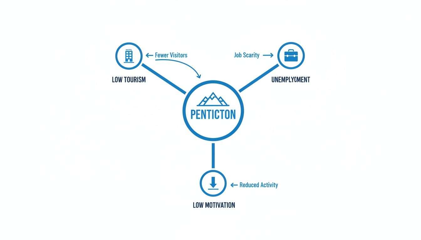 Infographic detailing Penticton's economic challenges including low tourism, unemployment, and low motivation.
