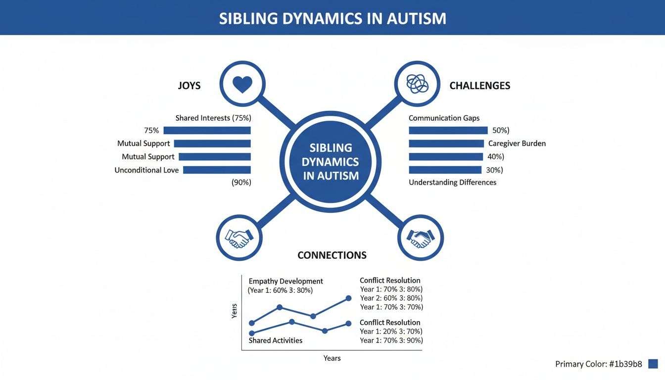 Infographic details sibling dynamics in autism, presenting joys, challenges, and connections with data.