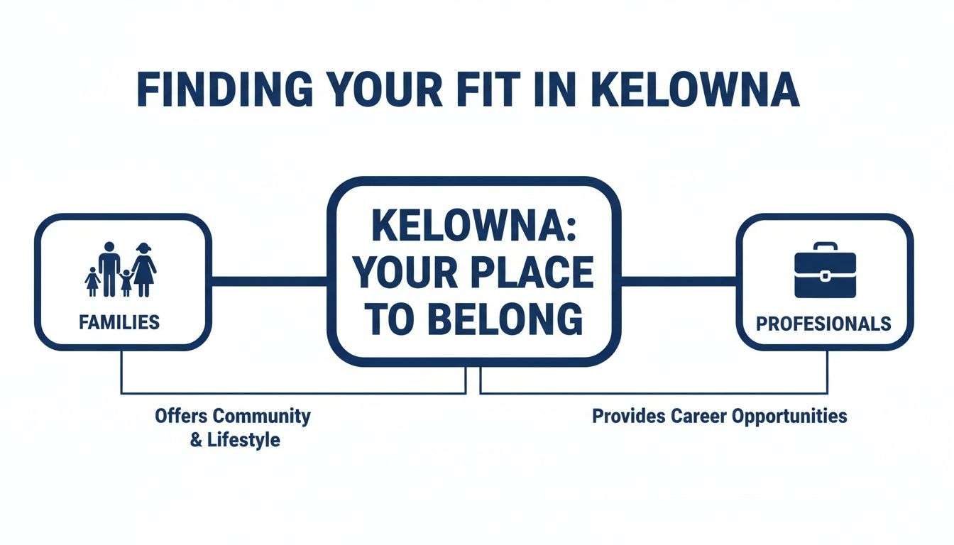 Infographic illustrating Kelowna as a place for families offering community and lifestyle, and for professionals providing career opportunities.
