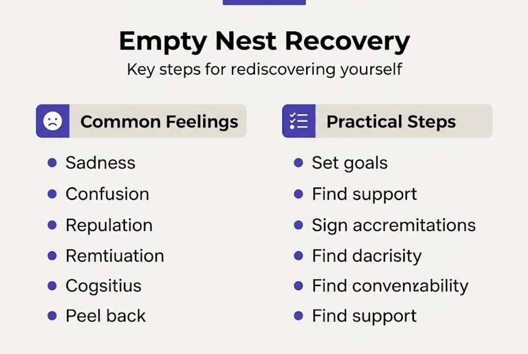Infographic on empty nest recovery steps and feelings