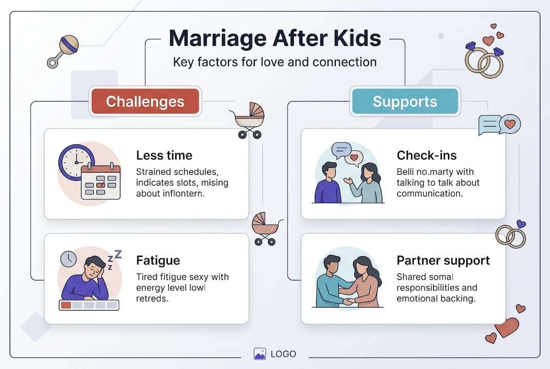 Infographic on marriage supports and challenges after kids