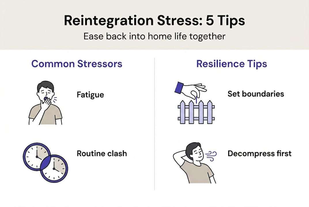 Infographic showing reintegration stress tips and stressors