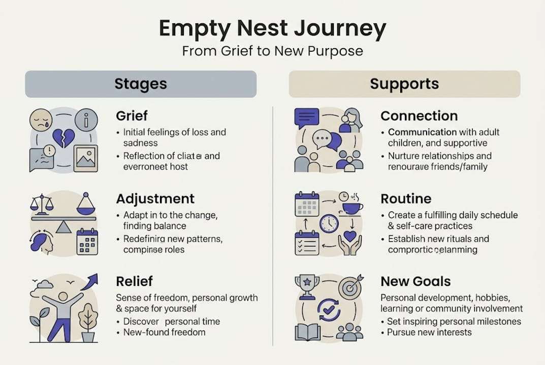 Infographic showing stages and support for empty nest