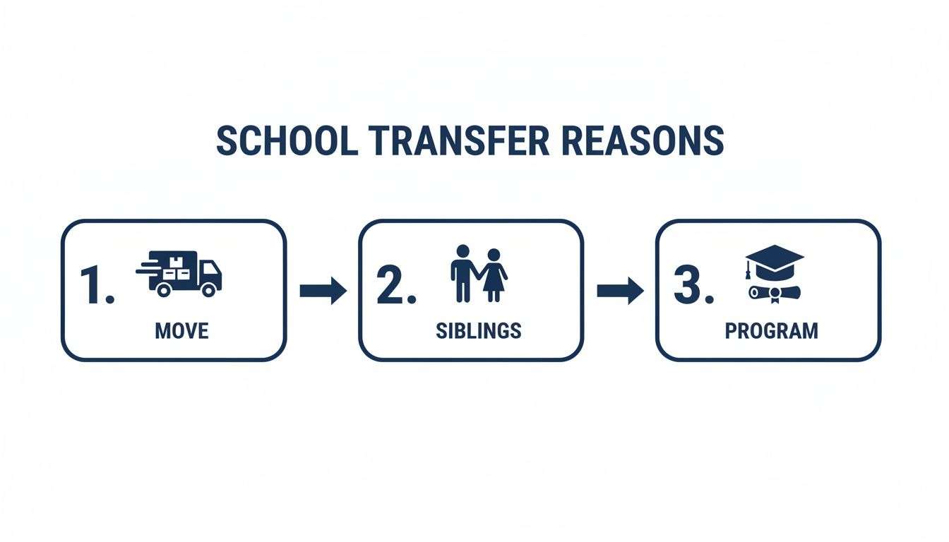 Infographic showing three main reasons for school transfer: moving, siblings, and program choice.