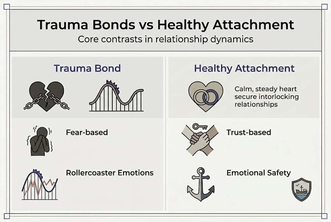 Infographic showing trauma bonds versus healthy attachment