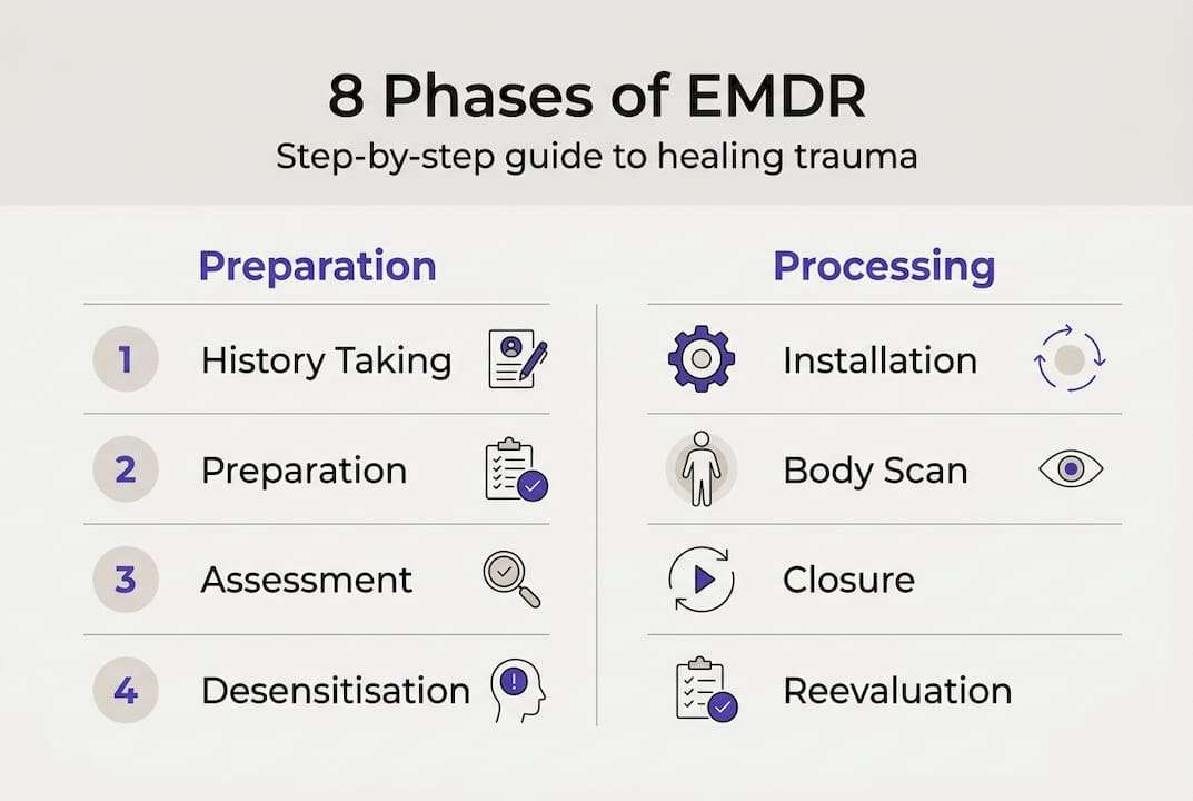 Infographic summarizing EMDR's eight therapy phases