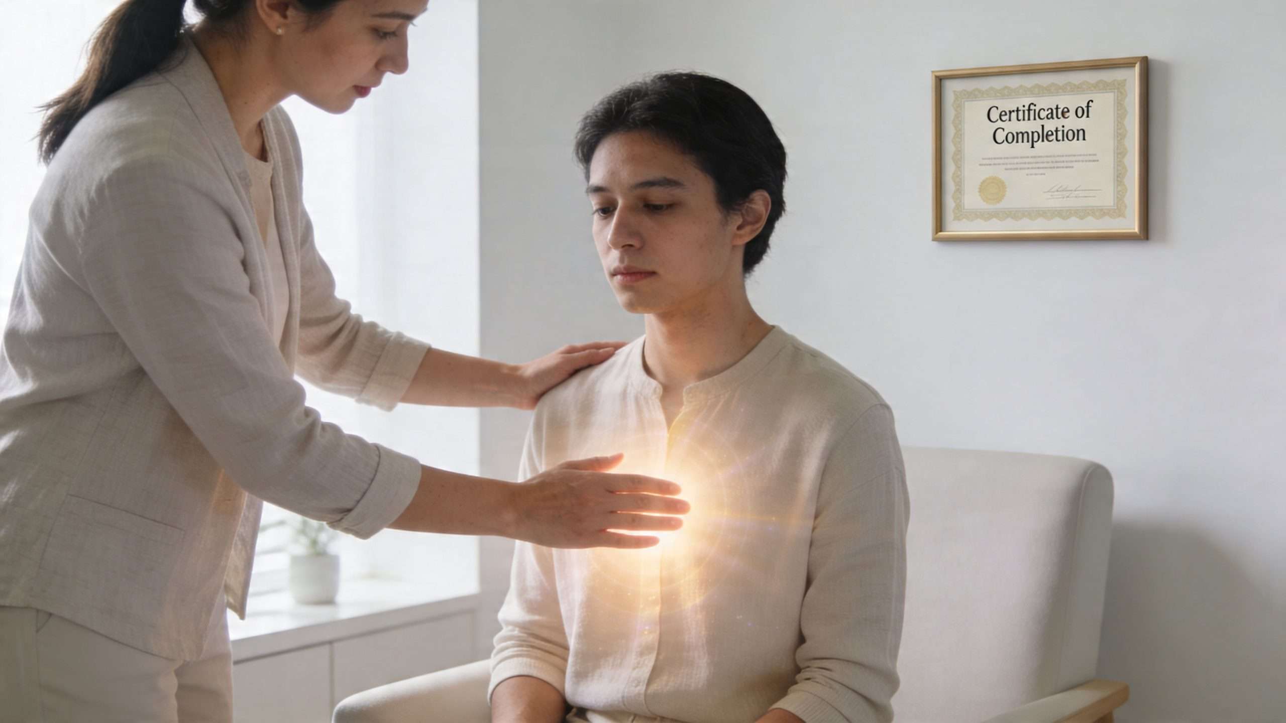 A practitioner provides energy healing to a man sitting in a chair during a professional session.