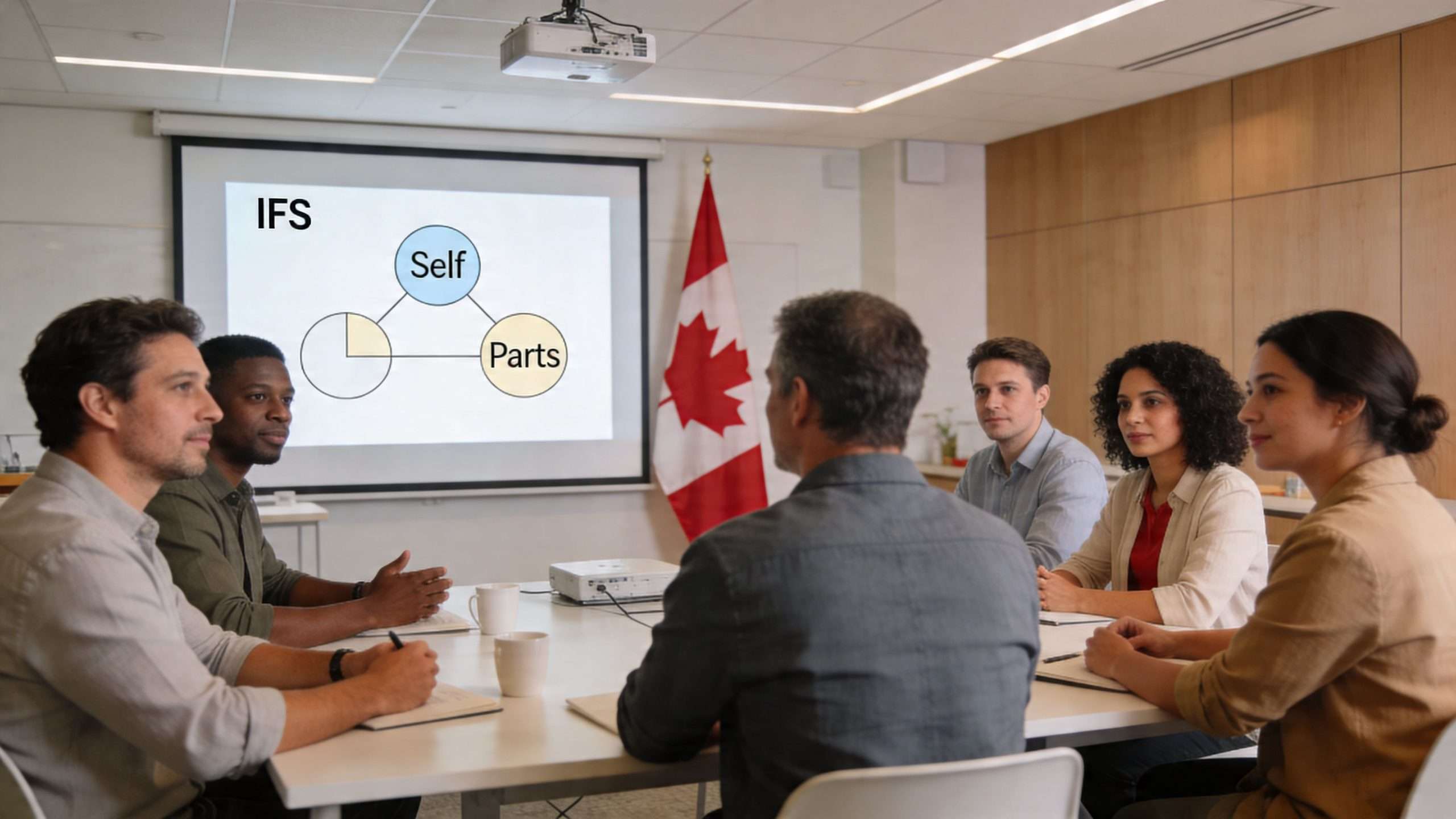 A diverse group of professionals attend an Internal Family Systems workshop in a conference room in Canada.