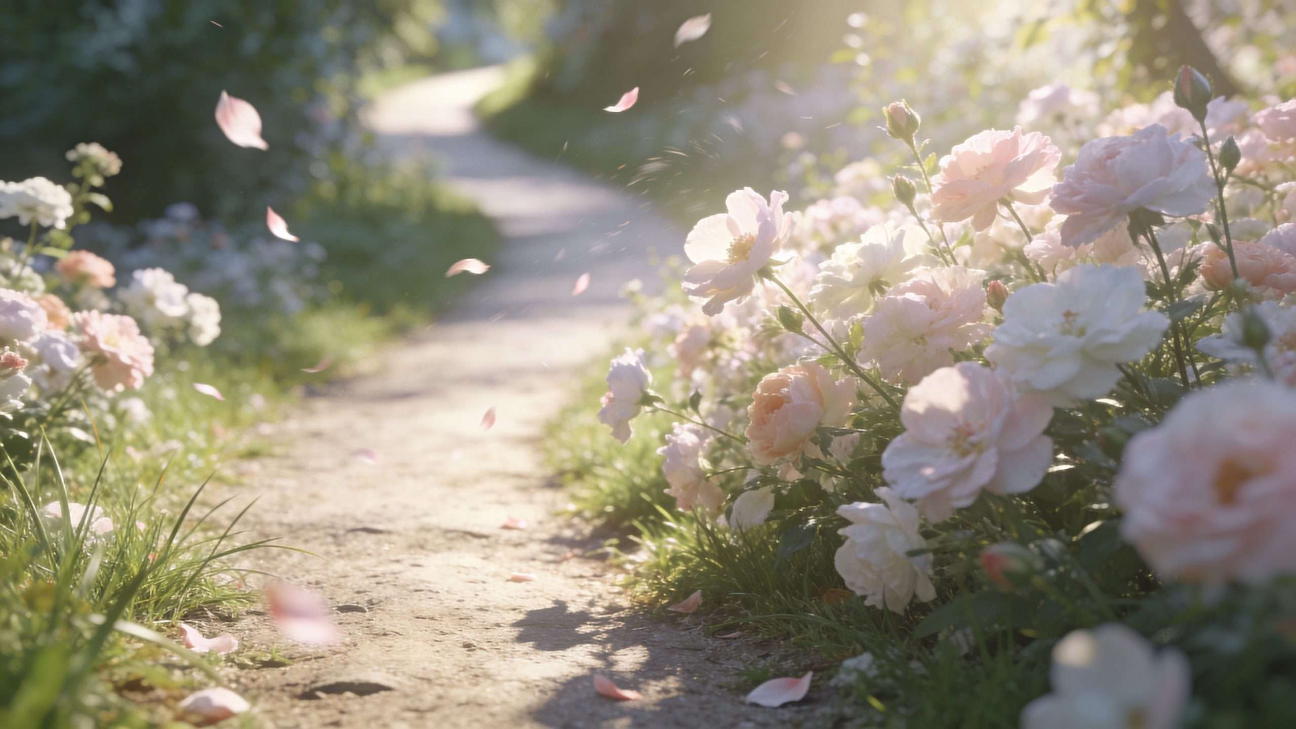 A serene dirt path lined with soft, pale pink rose bushes under warm, golden sunlight and falling petals.