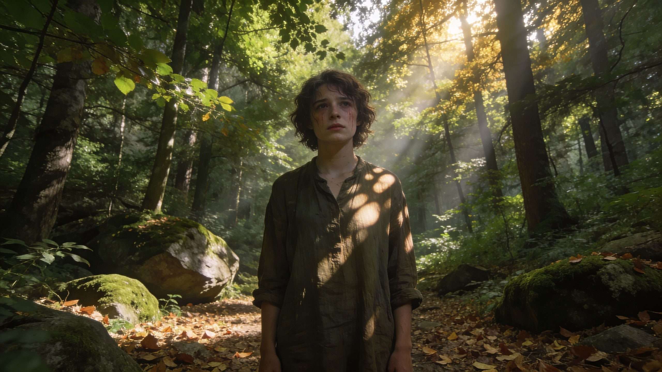 A young person with a somber expression standing alone in a misty sunlit forest clearing.